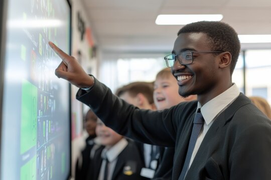 Smiling african male teacher engaging with students on interactive screen
