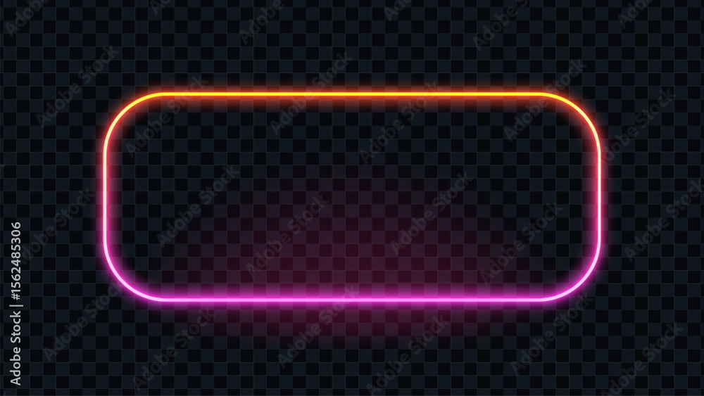 Poster rounded rectangle neon frame with glowing orange and pink color. futuristic light banner for design.