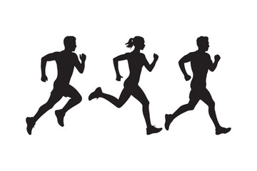 Diverse silhouettes of three runners in motion on a white background