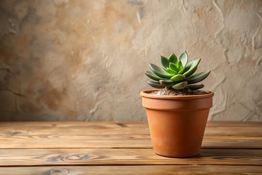 Succulent in Terracotta Pot on Wooden Table