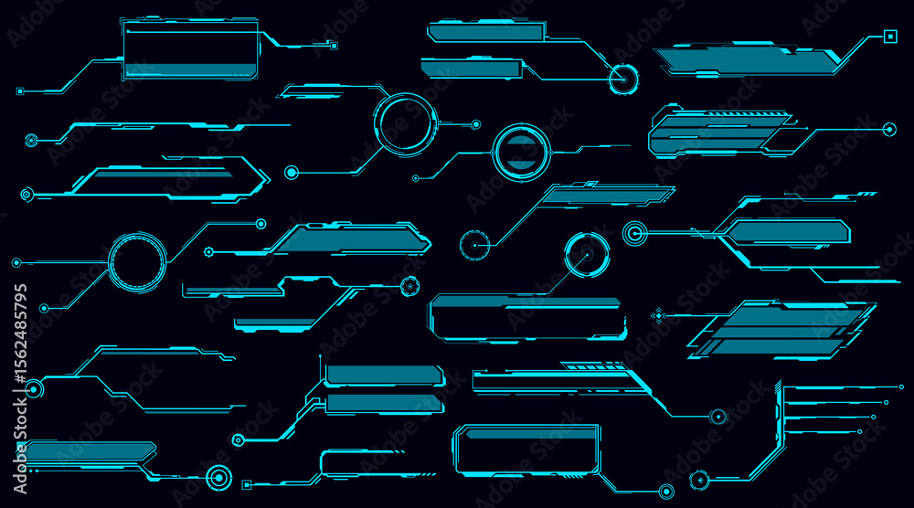 Poster HUD futuristic display and screen, info boxes, ui interface. Vector neon glowing borders graphic design elements. Information panels, callout titles, tech digital bars for game menu, user app set