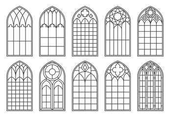 Gothic church glass windows and medieval castle arches. Isolated vector black outline silhouettes set. Vintage stained glass frames cathedral interior, traditional european architecture elements