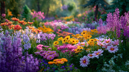 Obraz premium Garden filled with colorful flowers outdoors blossoms scenery.