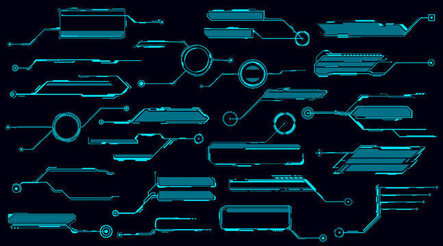 HUD futuristic display and screen, info boxes, ui interface. Vector neon glowing borders graphic design elements. Information panels, callout titles, tech digital bars for game menu, user app set
