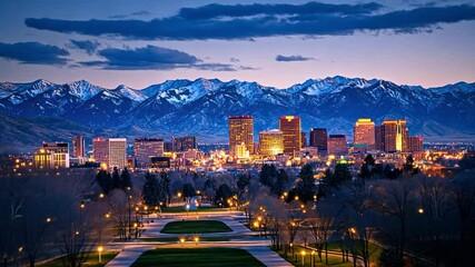 Salt Lake City Skyline at Dusk with Majestic Mountains - Powered by Adobe