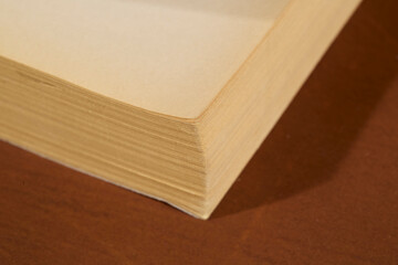 Detail of an Open Book with Cream Pages on Brown Background
