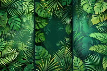 Naklejka premium Collection of vertical summer backgrounds with frames or borders made of green tropical palm leaves or jungle exotic foliage and place for text. Seasonal colorful realistic vector illustration