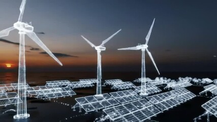 Futuristic Wireframe Hologram of Sustainable Energy Plant with Wind Turbines and Solar Panels - Powered by Adobe