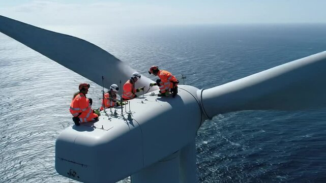 Aerial View of Engineers Performing Maintenance on Offshore Wind Turbine &ndash; Renewable Energy Technology