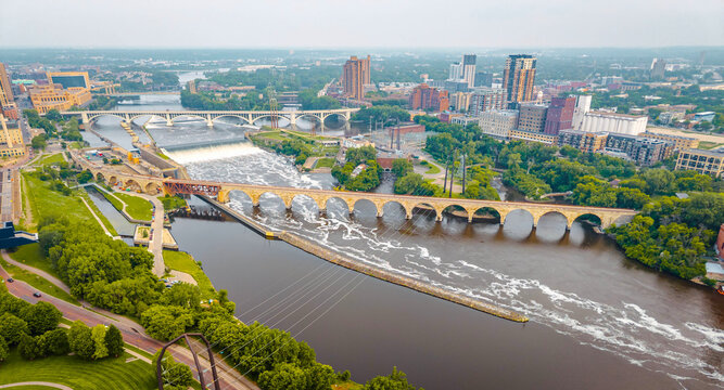 Aerial View of Stone Arch Bridge in Minneapolis