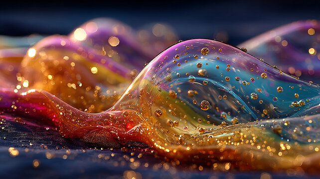 Close-up of soap bubble with rainbow surface reflections
