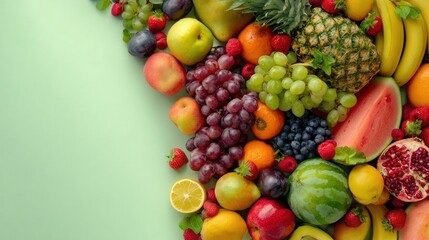Vibrant Assortment of Fresh Fruits Arranged on a Light Green Background