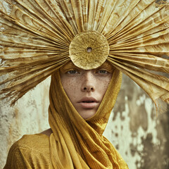 Androgynous person in ornate golden headdress with celestial design and freckled face