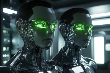 Futuristic female androids with glowing green eyes in modern lab