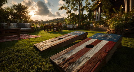 Cornhole game with American flag design outdoors