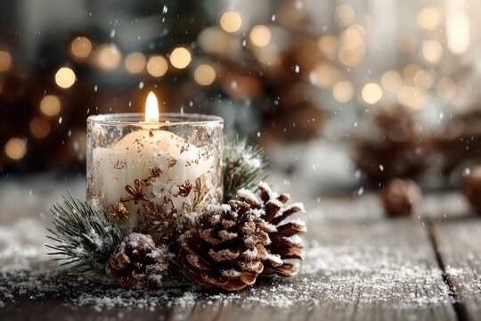 Warm candlelight glows among snowy pinecones and shimmering holiday lights during a cozy winter evening