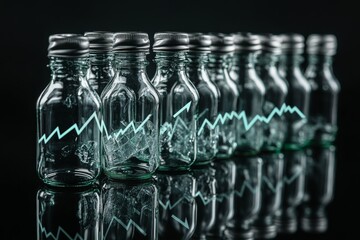 Glass bottles with green graph lines on black reflective surface