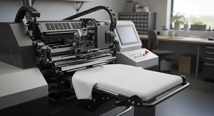 Modern printing machine with t-shirt at printshop