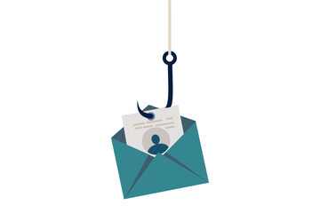 Phishing Concept Depicting Envelope Caught on a Hook with Personal Data