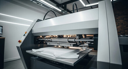 Modern printing machine with t-shirt at printshop