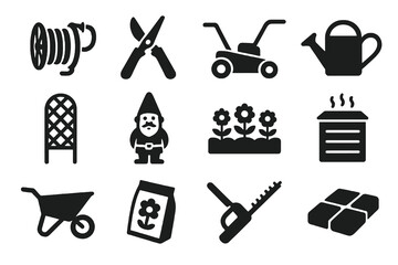 12 black garden icons. Solid vector for landscaping, maintenance, and outdoor spaces.