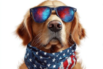 Golden retriever sporting galaxy glasses and an American flag bandana showcases patriotic charm during festive celebrations