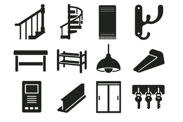 12 black entry icons. Solid vector for hallways, stairs, and interior details.