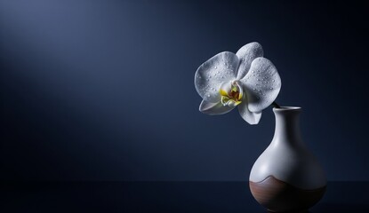white orchid in vase against a black background