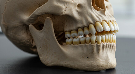 Naklejka premium Close up of a human skull showing teeth and jaw bone structure in anatomical detail and neutral lighting
