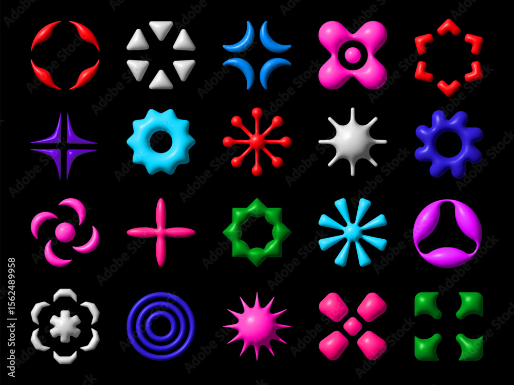 Poster 3d y2k brutalism shapes and abstract geometric figures vector icons set. Y2k fluid color star, spark, sun and flower shapes, arrow, molecule and circle futuristic graphic elements with glossy effect