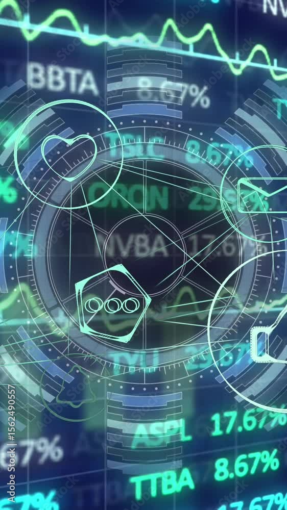 Poster animation of financial data processing over network of connections with icons