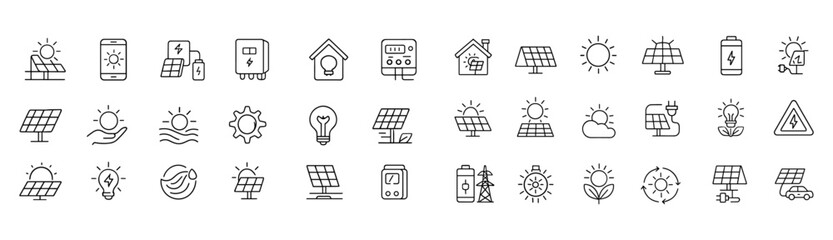 Solar energy line editable icons set, vector illustration, photovoltaic home system symbols, panel roof, inverter, battery storage, eco power concept, clean technology graphics. © aura studio