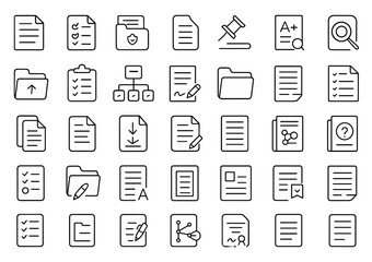 Business document icons, editable line set, vector illustration, thin modern style, paperwork symbols, text documents, folders, contracts, checklists, forms, administration, organization.