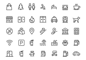 Public navigation line editable icon set, vector illustration modern thin line style, shopping mall, escalator, subway, ATM, fire exit, airport, urban transit wayfinding symbols pack.