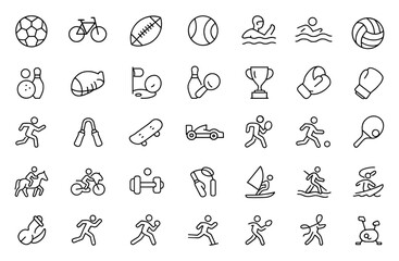 Fototapeta premium Sports Editable Icons set, vector illustration of modern thin line sports symbols, balls, skateboard, cycling, racket, fitness pictograms, athletic equipment icons, infographic elements.