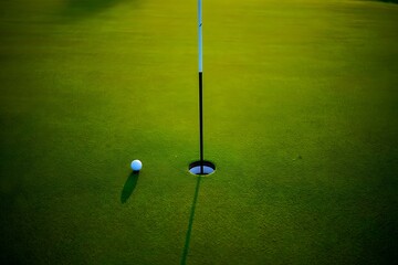 Obraz premium Golf ball resting near the hole on the green, a peaceful scene conveying precision, concentration, and the essence of a relaxing leisure activity on a sunny day.
