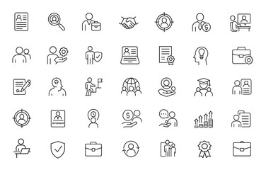 Head Hunting Line Editable Icons Set, vector illustration, human resources icons for recruitment, job interview, candidate search, career development, resume CV talent acquisition process.
