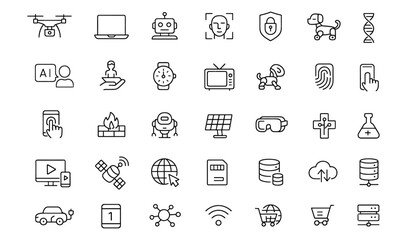 Editable Technology Line Icon Set, modern thin line vector illustration for robotics, face ID, cryptocurrency, cloud computing, blockchain, AI assistant, transparent background.