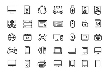 Computer Technology Icons, Editable Thin Line Set, Monitors, Laptops, Smartphones, Tablets, Earphones, Routers, Keyboards, Mice, Servers, Cameras, Network Devices, Vector Illustration.
