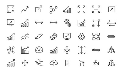 Scalability editable line icons set, modern thin vector illustration for growth, expansion, optimization, adaptability, modular sizing and performance, resize symbols for UI design, cutout.