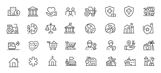 Sector of Society Editable Icon Set, vector illustration of public administration, private enterprise, nonprofit organizations, education, healthcare, technology, social sector icons.