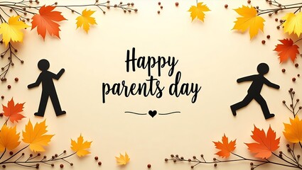 Happy parents day message with autumn leaves and stick figures