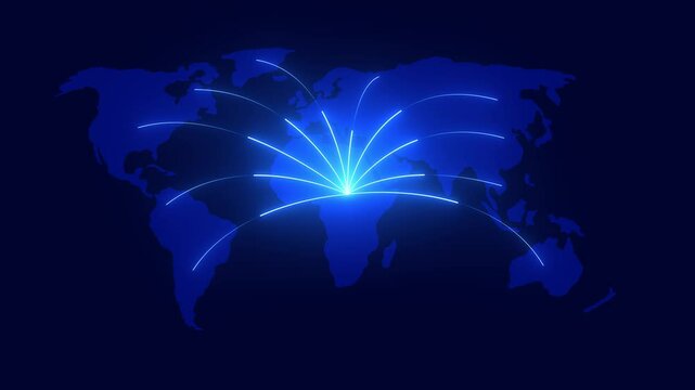 World map with global technology or social connection network. Tech earth globalization in 3d animation. Global Business dots on map planet.