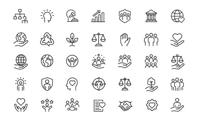 Social governance line icon set, editable thin line vector illustration of public administration, human rights, law, regulation, environment, justice, ethics, sustainability, community