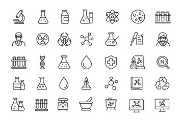 Laboratory icon set, modern thin line editable vector illustration of laboratory equipment, microscope, scientist, beaker, pipette, research, chemistry, biology, science, medicine, technology.