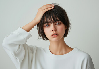 Fototapeta premium A woman with short dark hair and a white shirt stands against a light wall, covering her face with her hand. Her facial expression conveys fatigue, stress, or a headache. banner aspect ratio 22:9