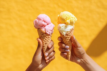 Two hands hold colorful melting ice cream cones in front of a bright yellow wall during summer