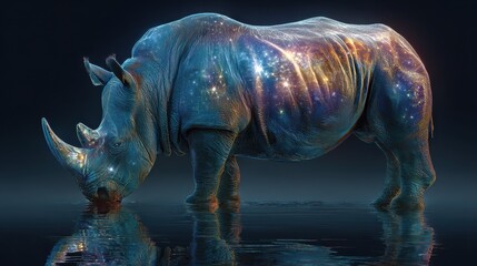 Realistic rhino sporting sleek chrome-edged shades becomes an artistic marvel with supernova blast reflection