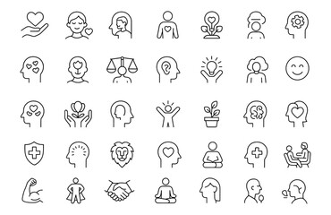 Self awareness and personal growth line editable icon set, vector illustration of self-care, self-love, self-acceptance, mental health, wellness, mindfulness, adaptability, emotional balance.