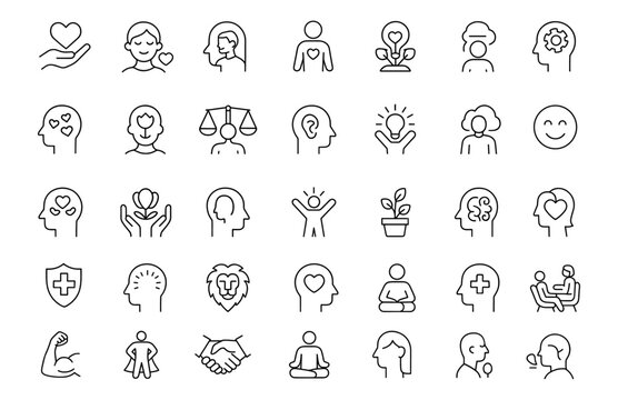 Self awareness and personal growth line editable icon set, vector illustration of self-care, self-love, self-acceptance, mental health, wellness, mindfulness, adaptability, emotional balance.